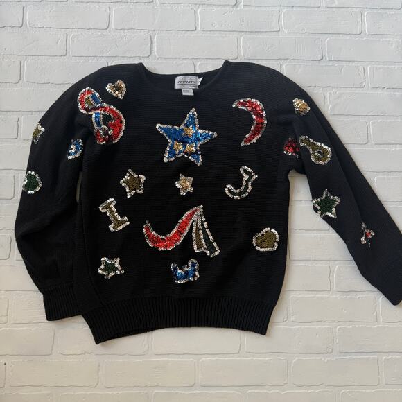 Affinity by Margo's Women's Black Sequin Vintage Holiday Sweater Star Moon sz M - Picture 1 of 6